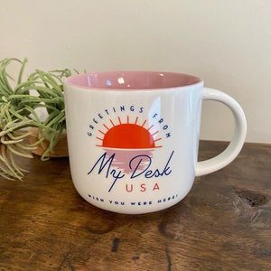 Pretty White & Pink “Greetings From My Desk” Graphic Stoneware Mug